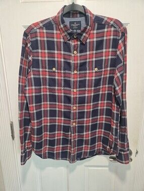 American Eagle Outfitters Red and Navy Plaid Button-Down Shirt